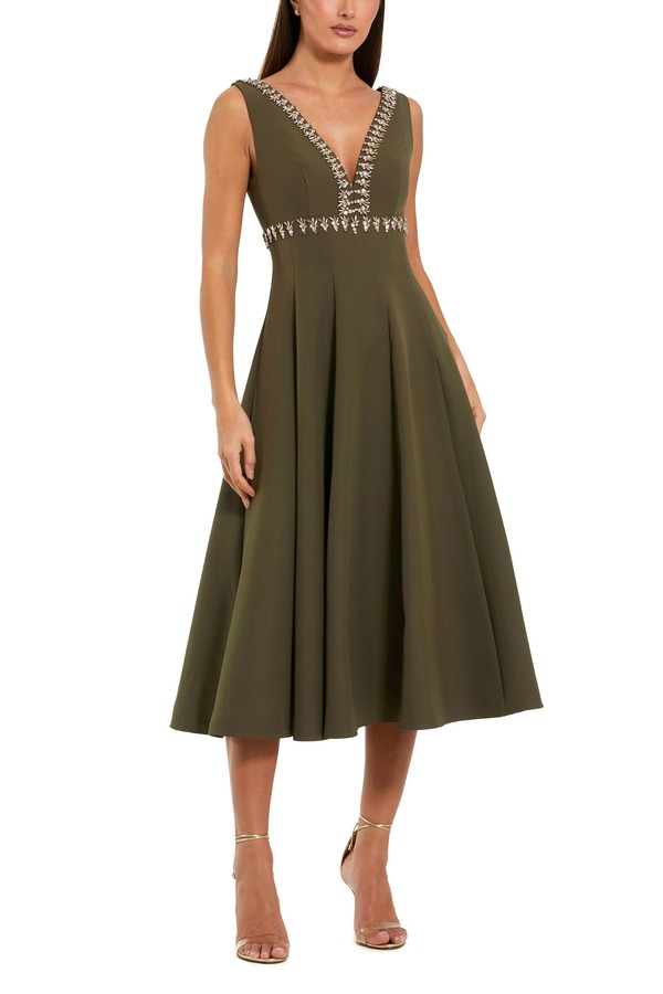 マックダガル レディース トップス 衣装 縮緬 A 生産ライン MIDI Mac Duggal Rhinestonembellished Crepe A Line Midi Dress Olive オリーブ