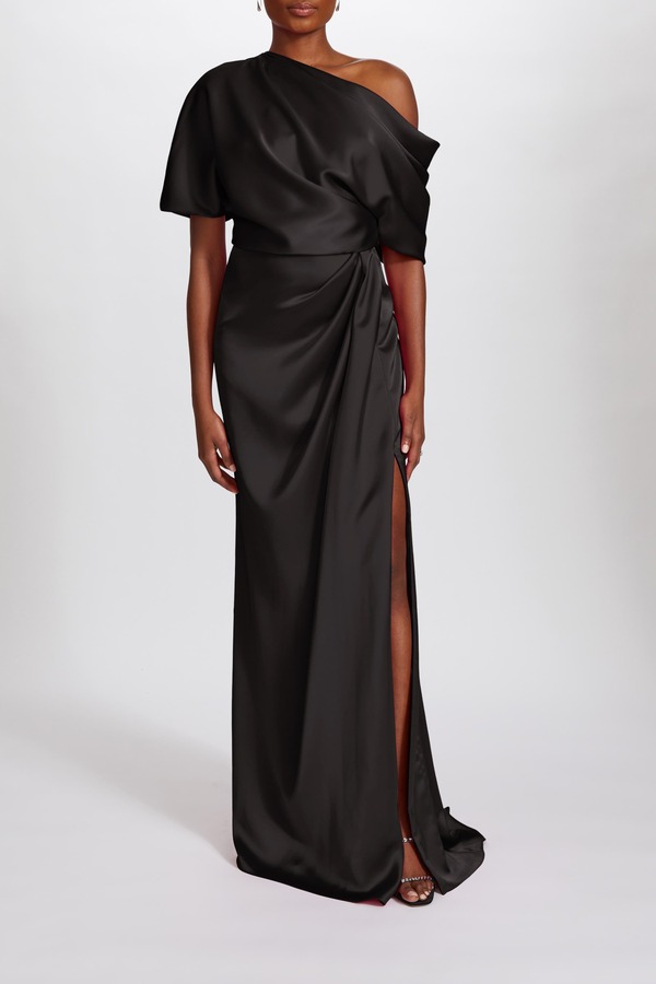 アムサール レディース トップス 衣裳 繻子 Amsale Fluid Satin Off-the-Shoulder Gown Black 黒いこと