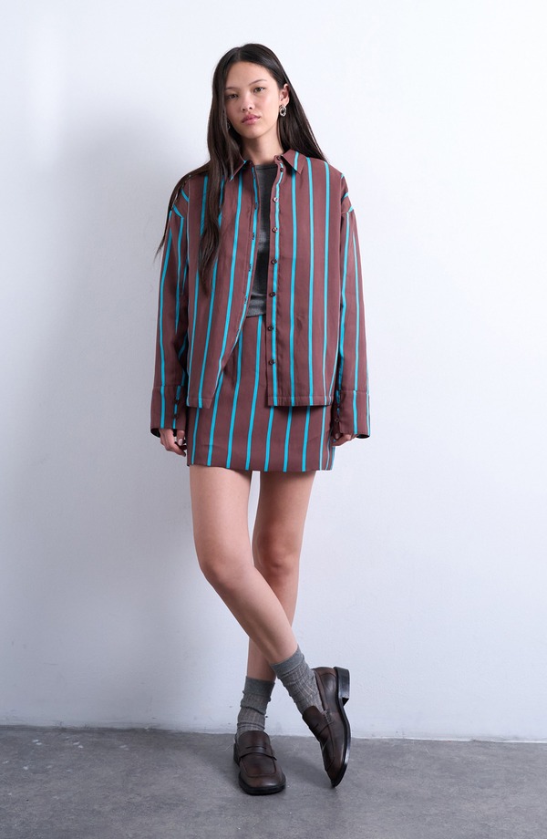 とっ始め販売店 レディース トップス プルオーバー キルティング Topshop Oversize Stripe Quilted Button-Up Shirt Brown Multi 赤銅色