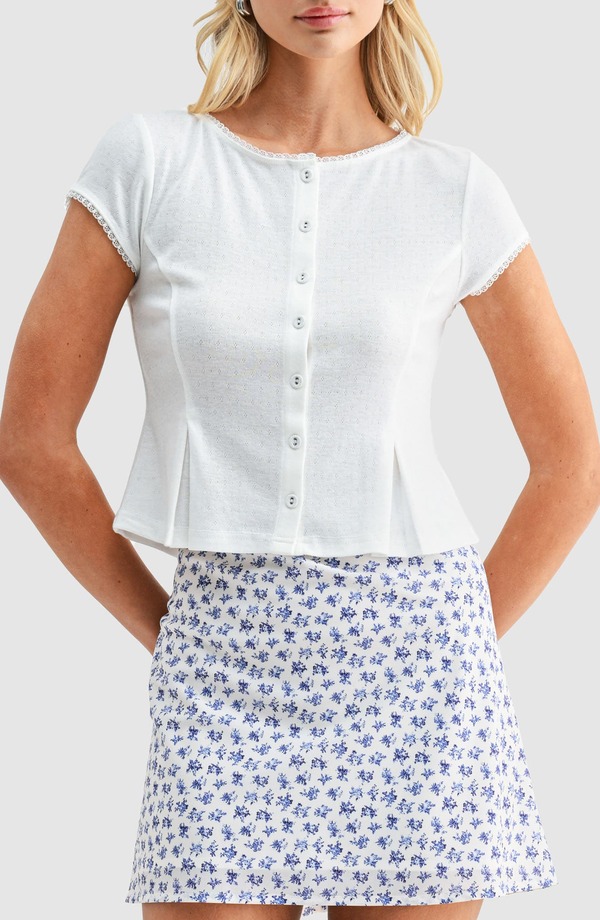 オールインフボール レディース トップス プルオーバー All インチ Favor Pointelle Stitch Peplum Button-Up Top Ivory 象牙色