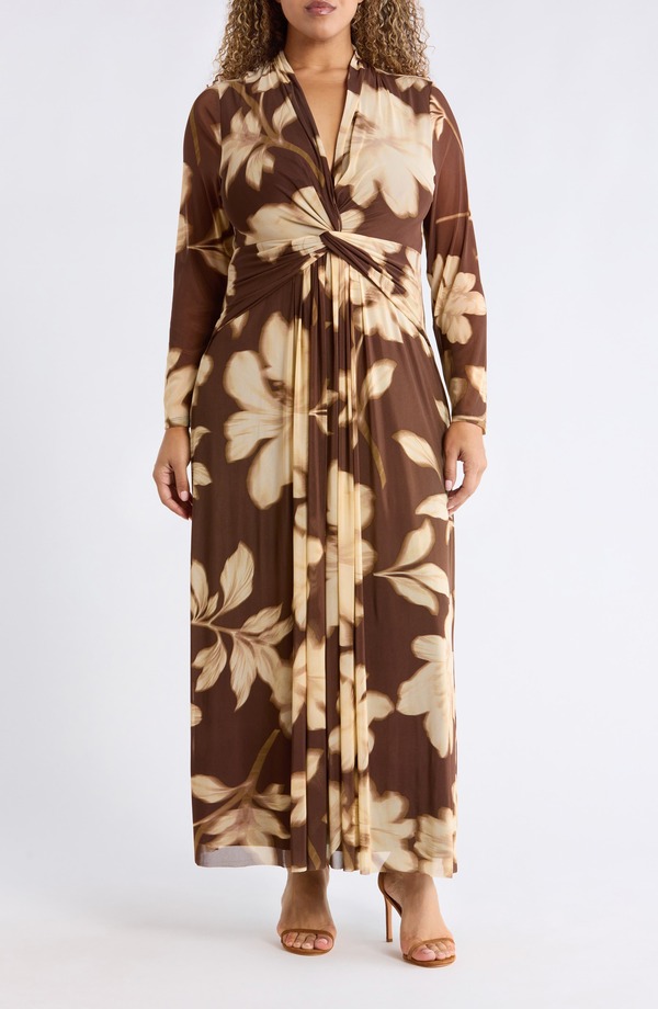 アンクライン レディース トップス 衣裳 御花柄 刷り上げる マキシ 御花 Anne Klein Floral Printwist Front Long Sleeve Maxi Dress Molasses Multi マルチ色つや