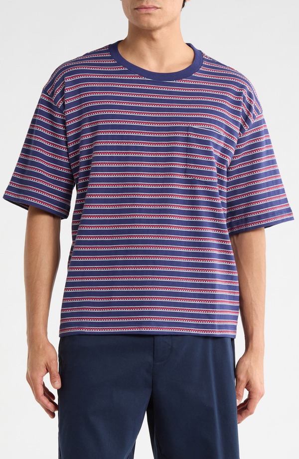 ブリクス米トン メンズ トップス ティーシャツ 綿織物 クロップド Brixton Poolside Stripe Boxy Cotton Piqu Cropped T-Shirt Washed Navy 米国海軍