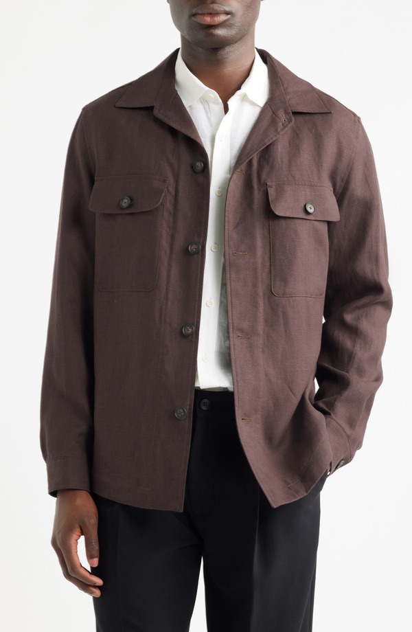 主任者 メンズ トップス プルオーバー リネン BOSS C-Carper Camp Collar Linen Button-Up Shirt Dark Brown 赤銅色