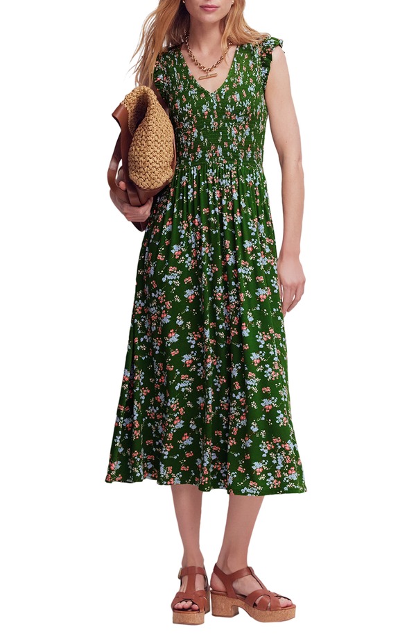 ボーデン レディース トップス 衣裳 MIDI シャーリング プルオーバー Boden Smocked Jersey Midi Dress Courtyard Bloom Scatter