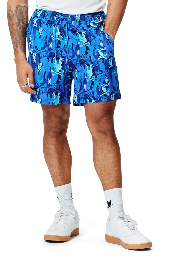 サイコバニー メンズ 海水着 二分の一ズボン下・さる股引き 刷り上げる Psycho Bunny Tanner Camo Bunny Print 6-Inch Swim Trunks Multi Blue 青碧