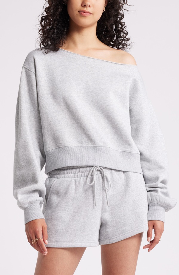ビーピー レディース アウター パーカー・スウェット プルオーバー フリース BP. Fleece Detail Off the Shoulder Sweatshirt Grey Soft Heather 薄墨色