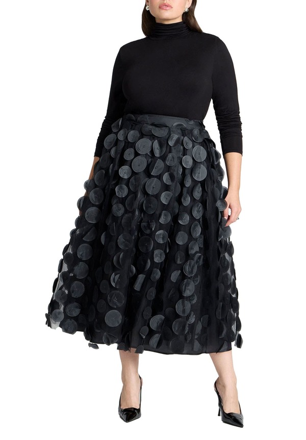 エロクイ レディース 下つ方スコート チュール マキシ ELOQUII Dimensional Dotulle Maxi Skirt Black Onyx 黒いこと