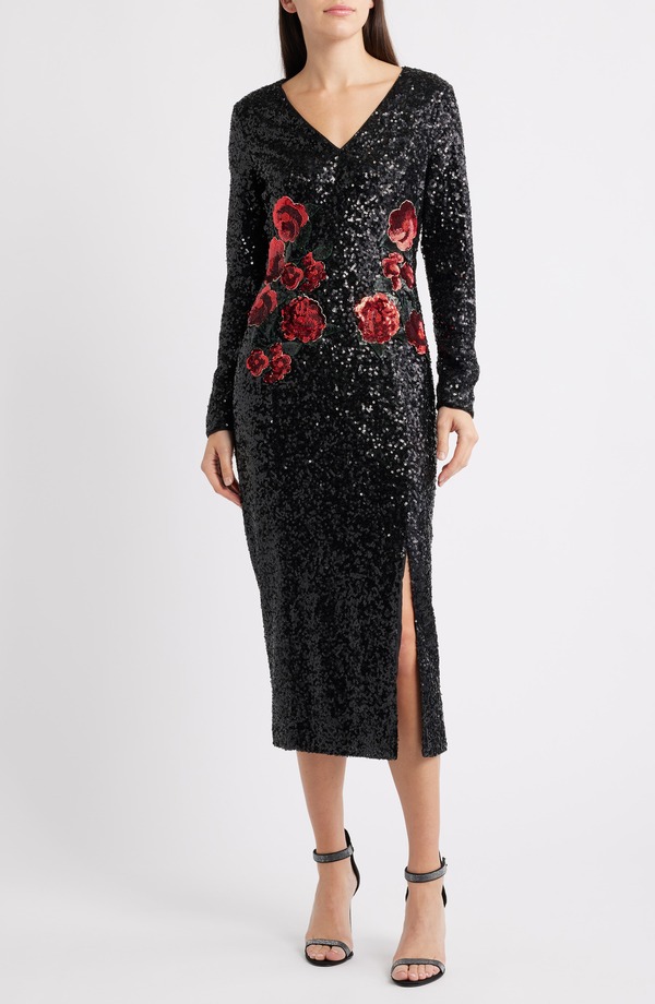 エリータハリ レディース トップス ワンピースパンコール Elie Tahari The Aurora Long Sleeve Sequin Dress Noir Black 黒いこと
