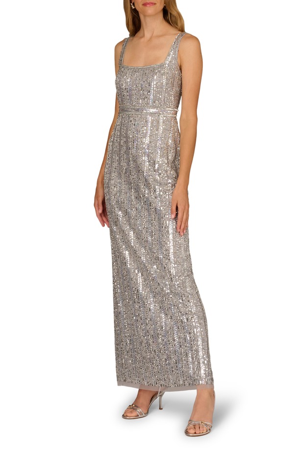 アイダンマットックス レディース トップス ワンピースパンコール ノースリーブ Aidan Mattox Sequin Sleeveless Gown Silver しろがね色
