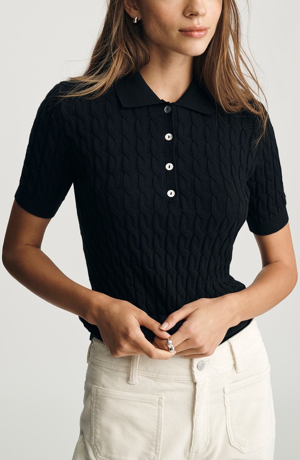 マーヴィ デニム レディース アウター パーカー・スウェット スポーツシャツ スウェーター 綿織物 Mavi Jeans Cable Stitch Short Sleeve Cotton \u0026 Cashmere Polo Sweater Black 黒いこと