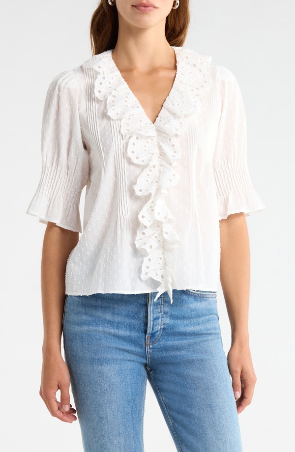 サムエデルマン レディース トップス シャツ フリル コットン Sam Edelman Flounce Ruffle Cotton Top Bright White ホワイト|ReVida 店