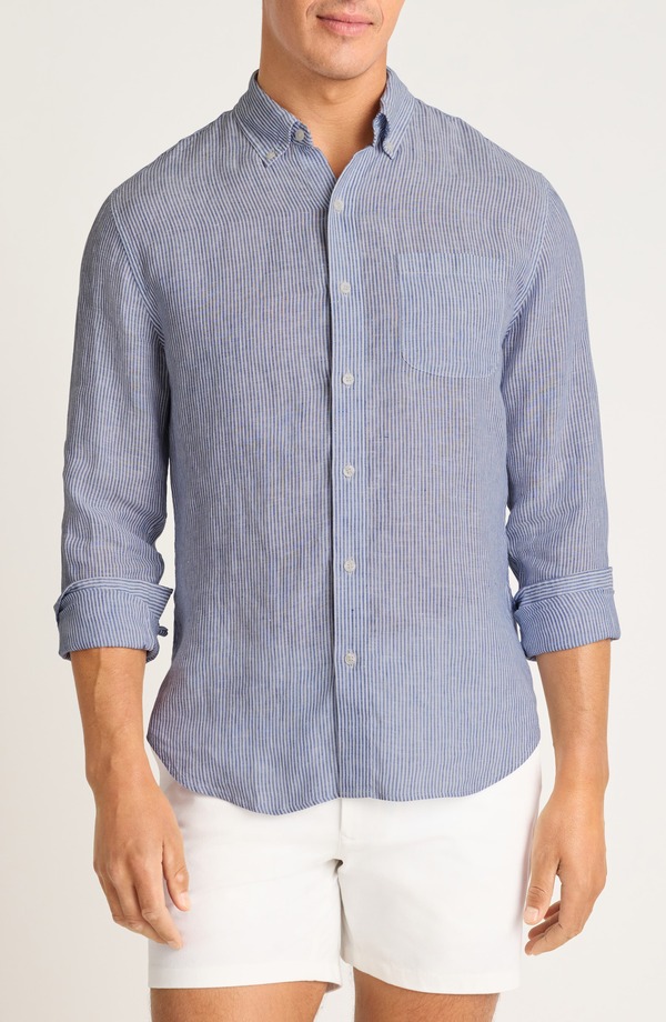 ボノボス メンズ トップス プルオーバー か細い相応う リネン Bonobos Everyday Slim Fit Striped Linen Shirt Blue Chelsea Stripe 青碧