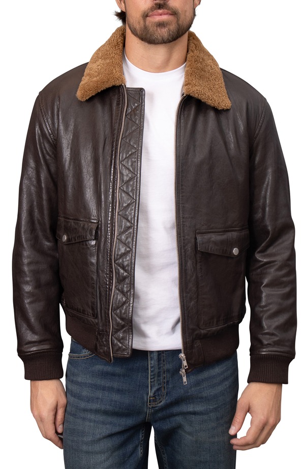 バガテル メンズ アウター ジャケット・ブルゾン レザー Bagatelle Washed Leather Aviator Jacket with Genuine Shearling Collar Espresso|ReVida 店