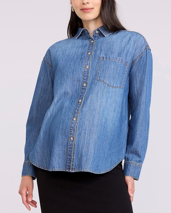 マザーフッドマタニティー レディース トップス シャツ デニム MOTHERHOOD MATERNITY Long Sleeve Button-Up Denim Shirt Medium Wash デニム|ReVida 店