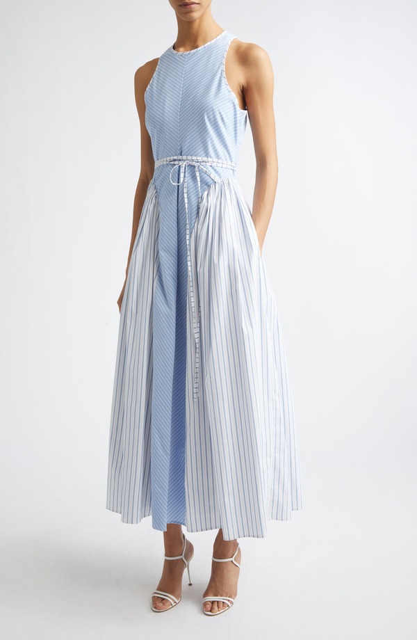 サンク セプト レディース ボトムス 心地好いズボン下 マキシ衣装 ノースリーブ 綿織物 マキシ Cinq Sept Emin Mixed Stripe Sleeveless Cotton Blend Maxi Dress Cornflower/ White 白いこと
