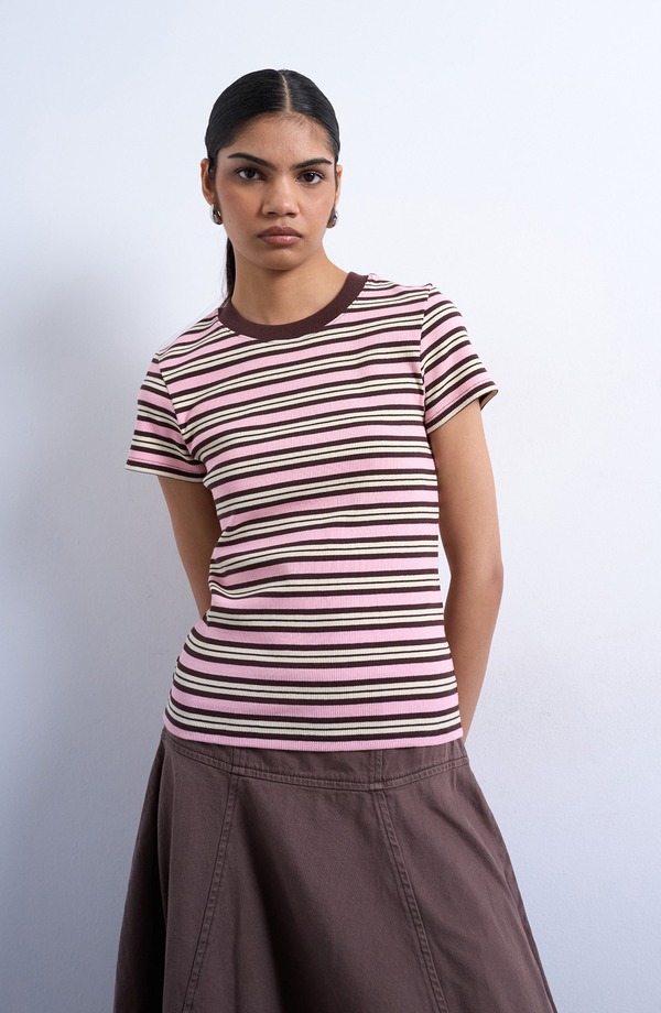 とっ始め販売店 レディース トップス プルオーバー 綿織物 Topshop Stripe Short Sleeve Stretch Cotton Rib T-Shirt Pink Multi さくら色