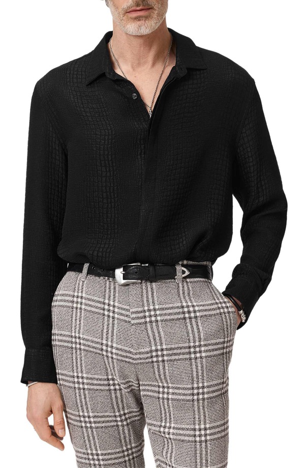 ジョンバルベイトス メンズ トップス プルオーバー 地絹 John Varvatos Vito Silk Jacquard Button-Up Shirt Black 黒いこと