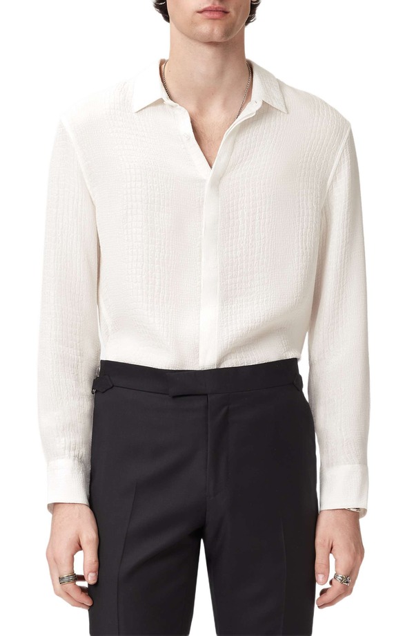 ジョンバルベイトス メンズ トップス プルオーバー 地絹 John Varvatos Vito Silk Jacquard Button-Up Shirt White 白いこと