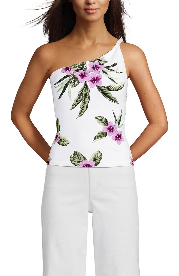 ランズエンド レディース トップス シャツ Lands' End Slender One Shoulder Top White/Magenta Plumeria ホワイト｜ReVida 店