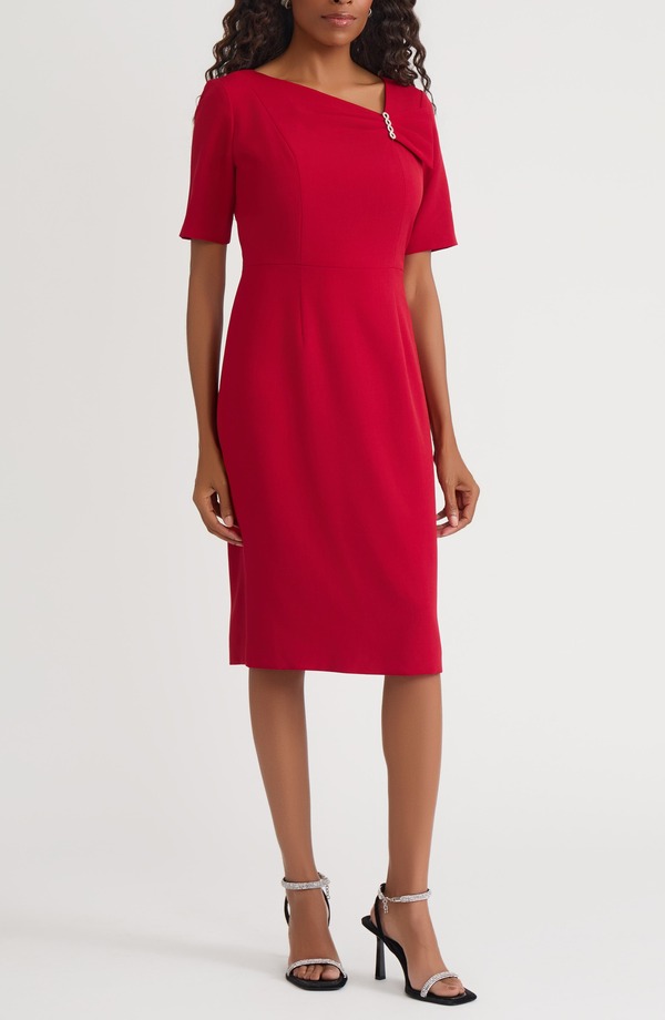 カスパール レディース トップス 衣装 非対称 KASPER Asymmetric Neck Sheath Dress Fired 赤いこと