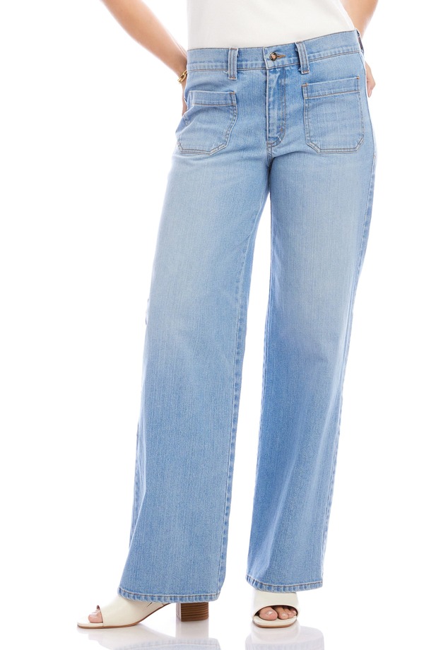 カレンケーン レディース ボトムス ジーンズズボン下 ワイドレッグ 御機嫌酉の方角 デニム Karen Kane Lauren Patch Pocket High Waist Wide Leg Jeans Light Blue 青色