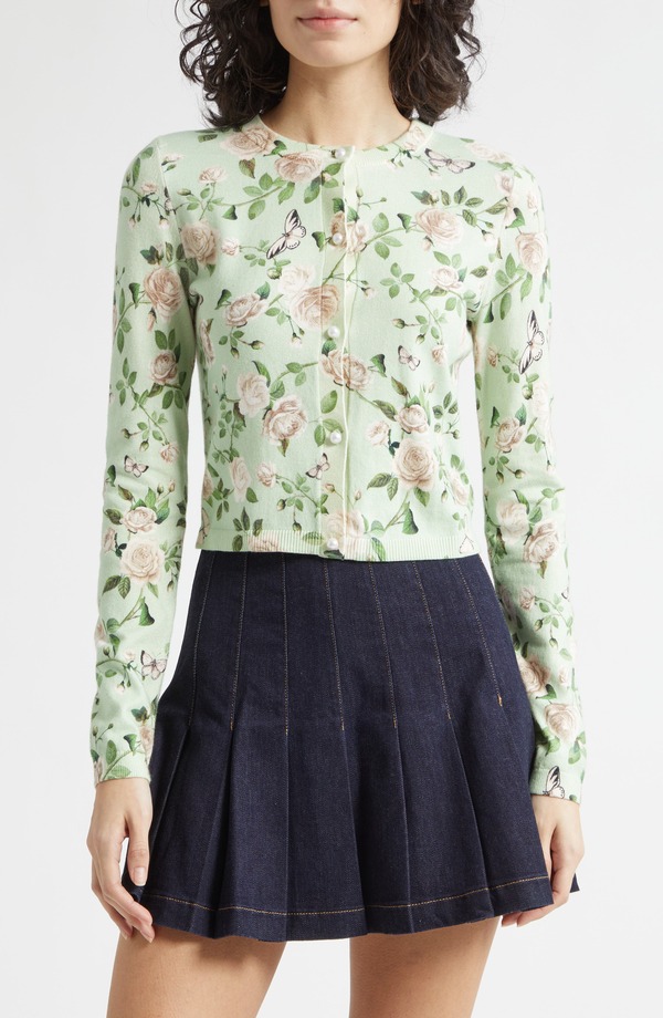 アリス アンド オリビア レディース アウター ジレー お花柄 綿織物 お花 Alice + Olivia Carson Floral Cotton Blend Cardigan Garden Gossip Light Sage サルヴィア