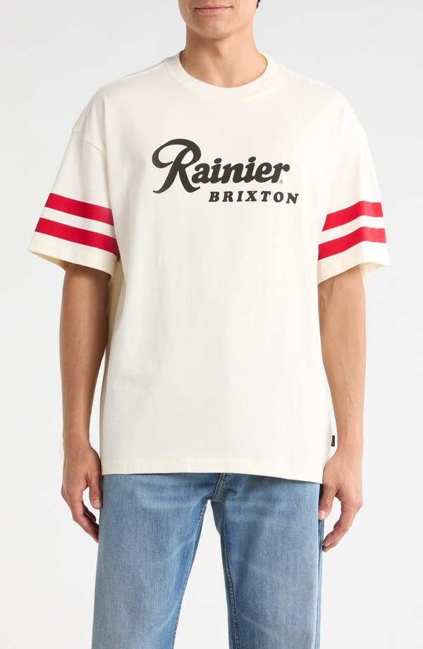 ブリクストン メンズ トップス Tシャツ コットン グラフィック Brixton Rainier 1878 Oversized Graphicotton T-Shirt Natural|ReVida 店