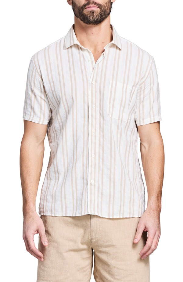 ビリーレイド メンズ トップス シャツ コットン リネン Billy Reidobby Stripe Short Sleeve Cotton & Linen Button-Up Shirtinted White/ Khaki ホワイト|ReVida 店