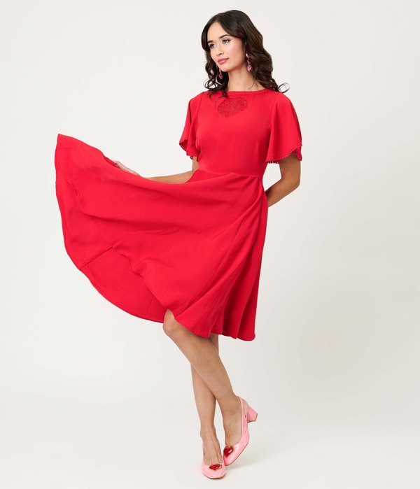 ユニークビンテージ レディース トップス 衣装 Unique Vintage 1930swing Dress Red Solid 赤いこと