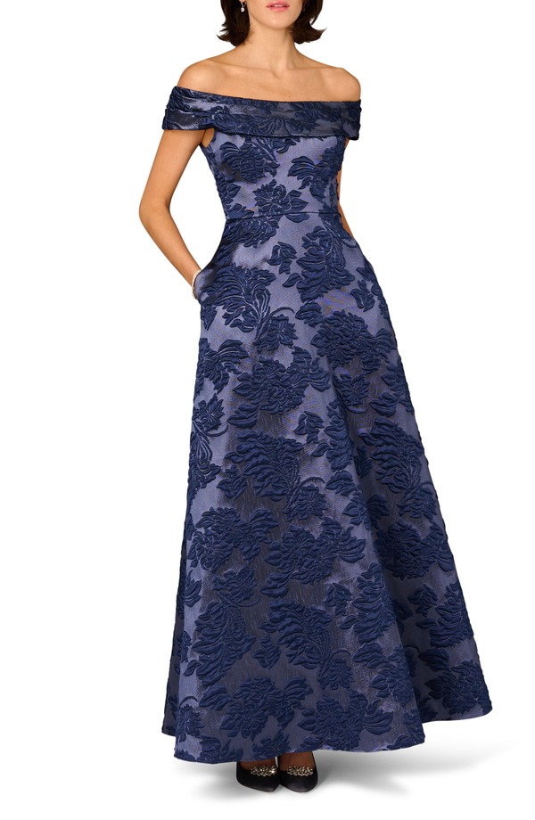 アイダンマットックス レディース トップス 衣装 御花柄 御花 Aidan Mattox Floral Jacquard Off the Shoulder Gownavy 米国海軍