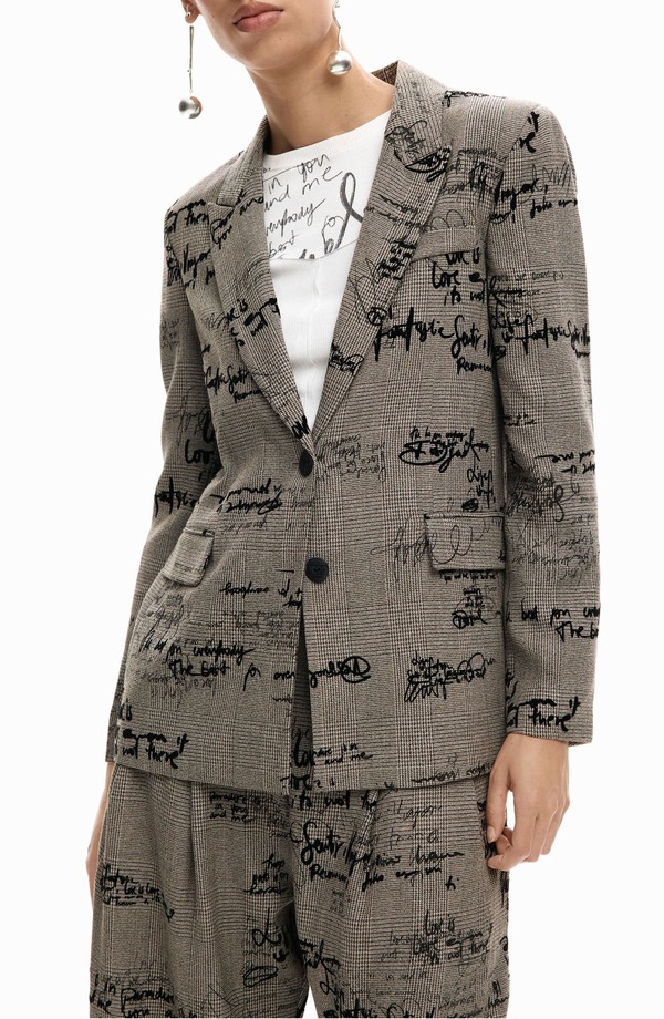デジグアル レディース アウター 上衣・上衣 刷り上げる スポーツジャケット Desigualettering Print Houndstooth Single Breasted Blazer Black Multi 黒いこと