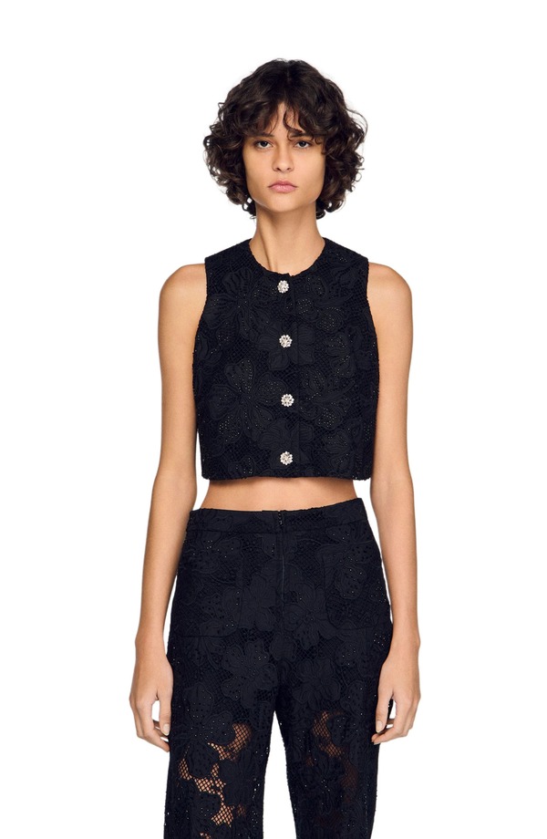 真砂ロ レディース トップス プルオーバー 刺しゅう SANDRO Embroidered guipure crop top Black 黒いこと
