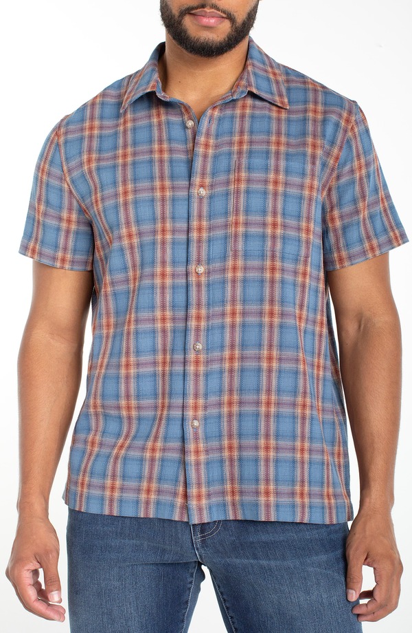 リヴァプール ロサンゼルス メンズ トップス シャツ コットン Liverpoolos Angeles Plaid Short Sleeve Cotton Button-Up Shirt Blue Red Multi ブルー｜ReVida 店