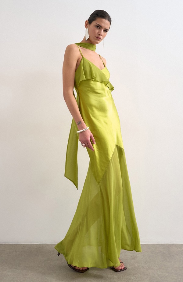 いの一番販売店 レディース トップス 衣装 フラウンス マキシ Topshop Mixed Media Ruffle Maxi Dress with Scarf Green 緑であること