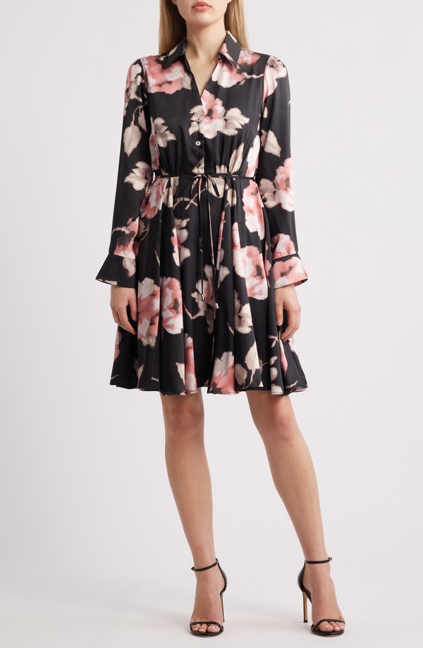 タハリエーエスエル レディース トップス 衣装 御花柄 プルオーバー 御花 Tahari ASL Floralong Sleeve Shirtdress Black Pink 黒いこと