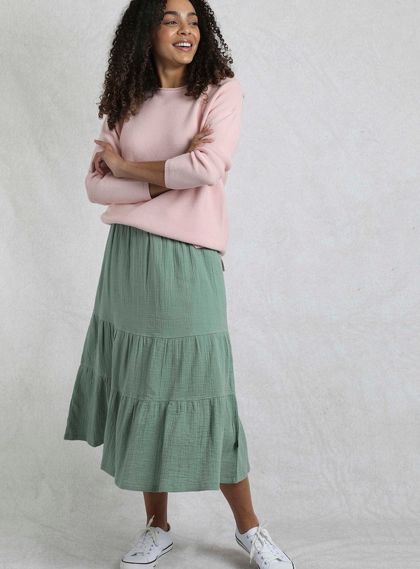 ウィアードフィッシュ レディース 下つ方スコート ティアード MIDI 綿織物 Weird Fish Lathika Tiered Midi Cotton Skirt Army Green 緑であること