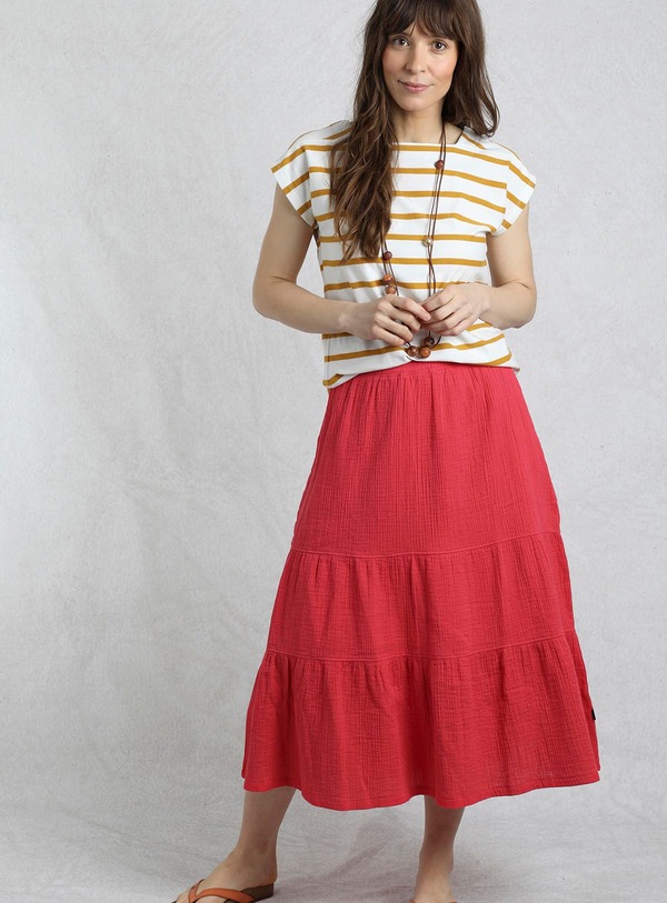 ウィアードフィッシュ レディース 下つ方スコート ティアード MIDI 綿織物 Weird Fish Lathika Tiered Midi Cotton Skirt Crimson クリムゾン