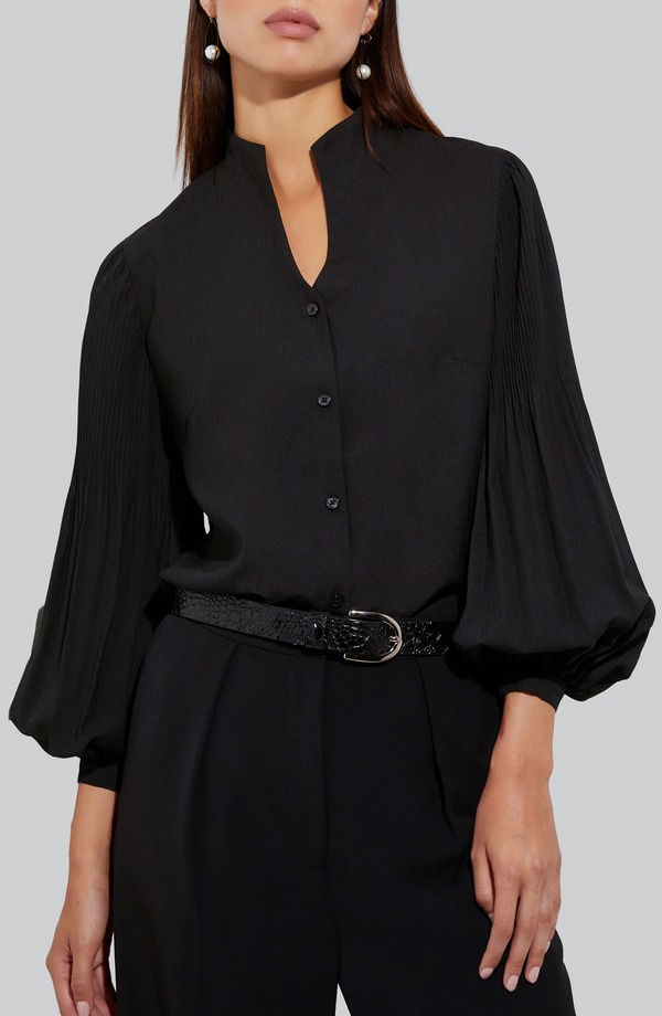 ミソック レディース トップス プルオーバー 軽気球捩り Misook Balloon Sleeve Stand Collar Button-Up Shirt Black 黒いこと