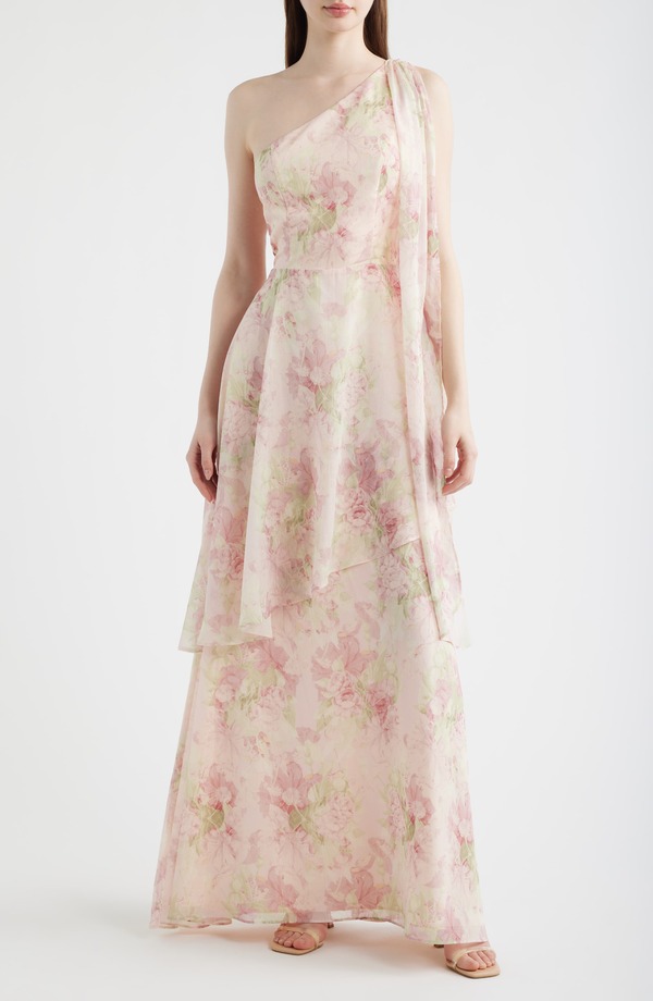 ルルズ レディース トップス 衣装 御花柄 刷り上げる 壱肩部 御花 Lulus Amara Floral Print One-Shoulder Gown Pink Multi サクラ色