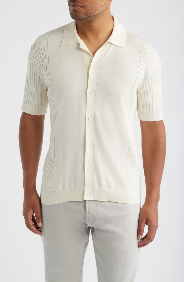 ３４ヘリテージ メンズ アウター ジレー スウェーター 絹地 綿織物 34 Heritage Short Sleeve Button-Up Cotton \u0026 Silk Sweater Silver Birch しろがね色