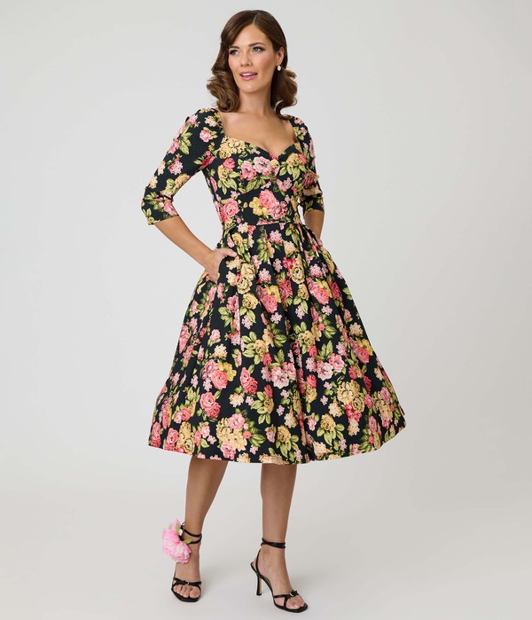 ユニークビンテージ レディース トップス 衣装 Unique Vintage Woven Sweetheart Neckline Lamar Swing Dress Black Floral Print 黒いこと