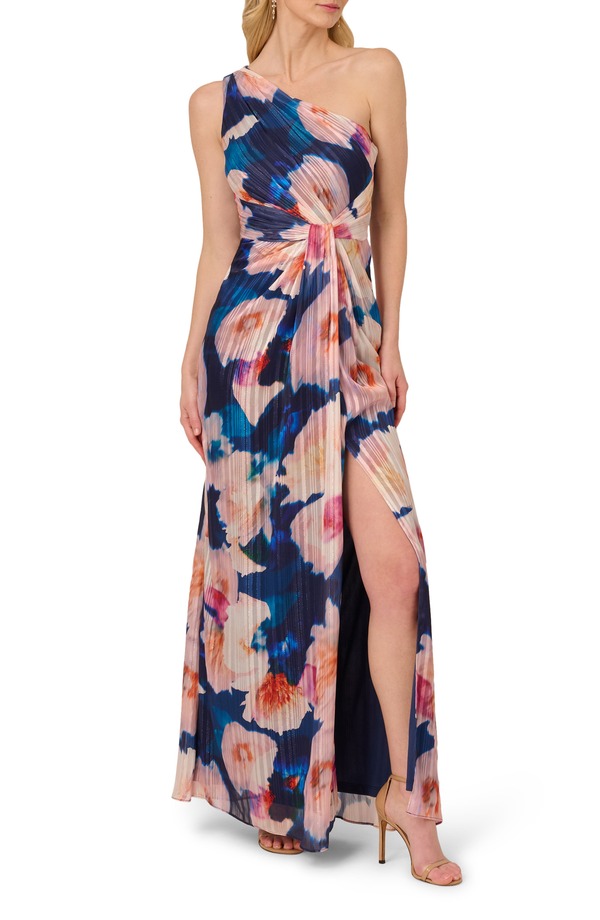 アドリアナ パペル レディース トップス ワンピース シフォン フラワー柄 プリーツ ワンショルダー フラワー Adrianna Papell Pleated Floral One-Shoulder Chiffon Gownavy/Blush ネイビー