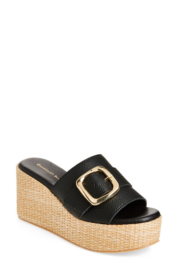 ショコラブルー レディース シューズ ヒール プラットフォーム サンダル Chocolat Blu Jana Platform Wedge Slide Sandal Black Leather ブラック｜ReVida 店