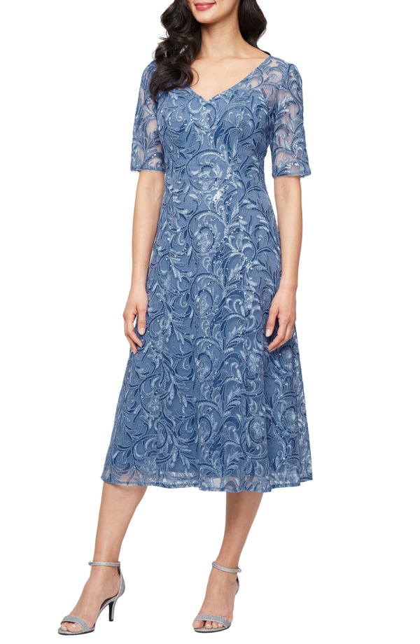 アレックスイブニングス レディース トップス ワンピース チュール 刺繍 Alex Evenings Embroidered Tulle Cocktail Dress Dusty Blue ブルー