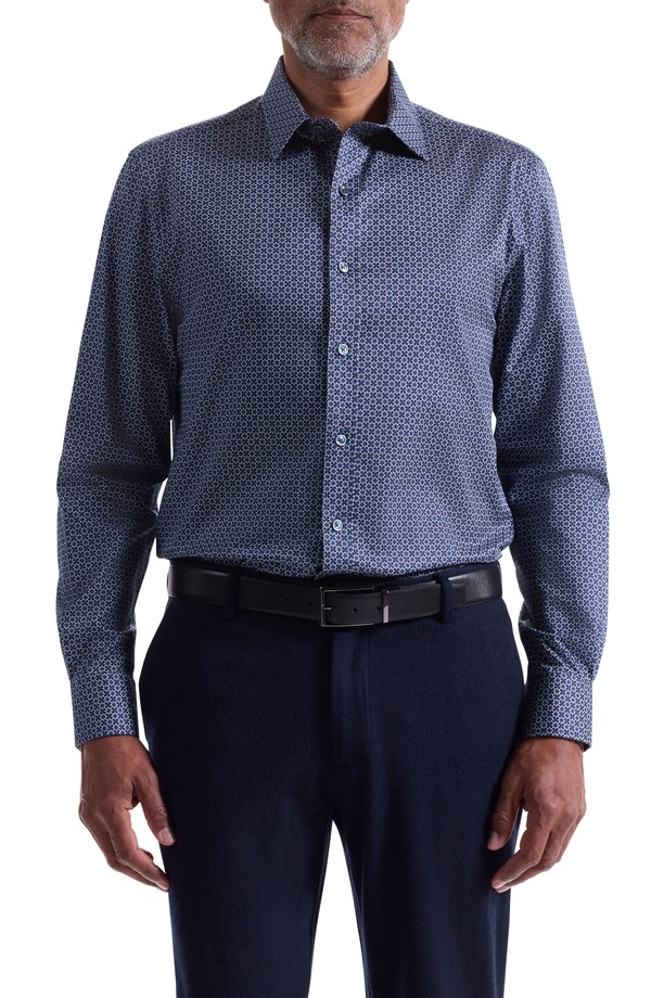 ブガッチ メンズ トップス シャツ プリント コットン Bugatchi Julian Shaped Fit Geo Print Cotton Button-Up Shirt Night Blue ブルー