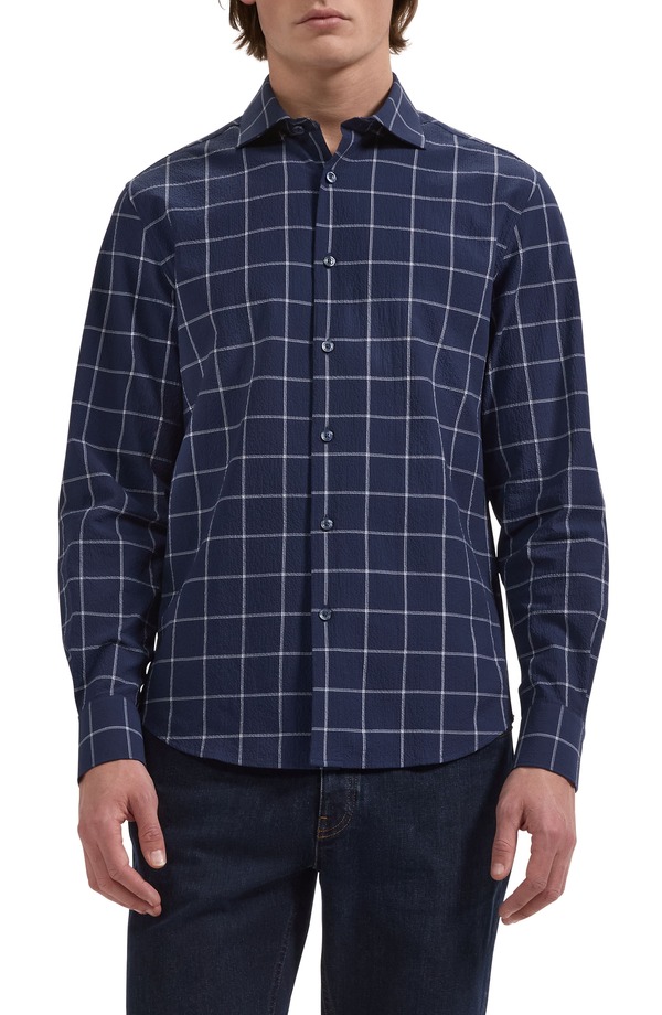ブガッチ メンズ トップス シャツ コットン Bugatchi Axel Shaped Fit Stretch Cotton Button-Up Shirt Navy ネイビー