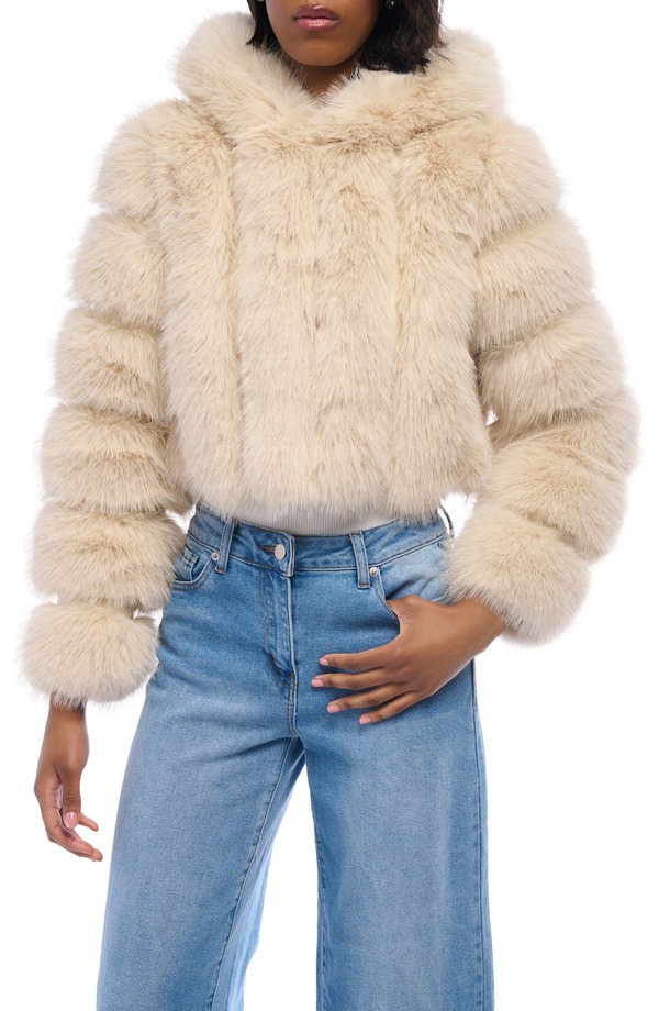 アザレア ワン レディース アウター ジャケット・ブルゾン フーデッドジャケット AZALEA WANG Jolene Crop Faux Fur Hooded Jacket Beige ベージュ｜ReVida 店
