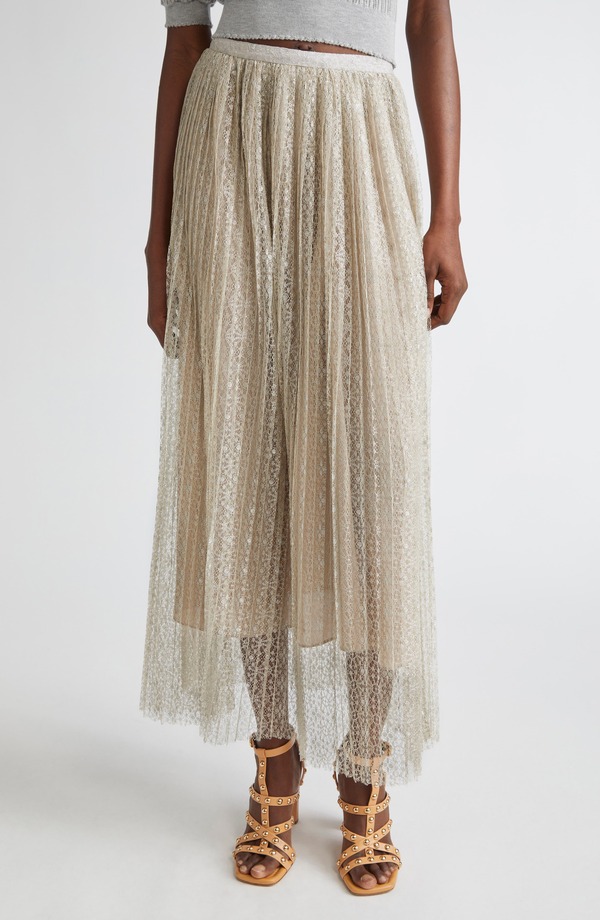 ウラ・ジョンソン レディース 下つ方スコート 筋目 スピード競技 マキシ Ulla Johnson Maren Lace Pleated Maxi Skirt Sterling Silver しろがね色