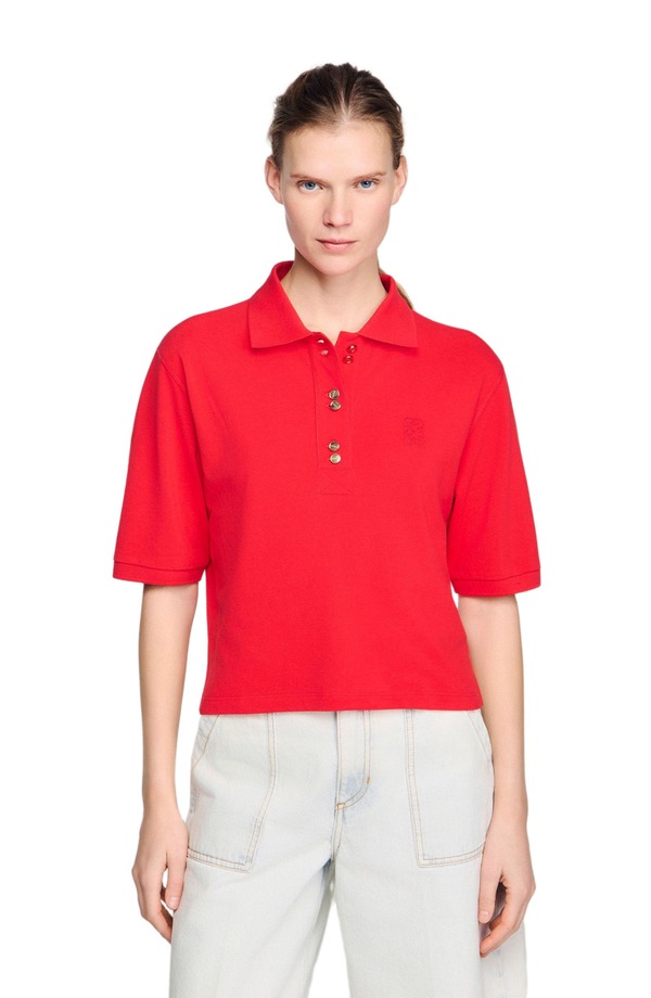 沙子ロ レディース トップス プルオーバー SANDRO Polo shirt with decorative buttons Red 赤いこと