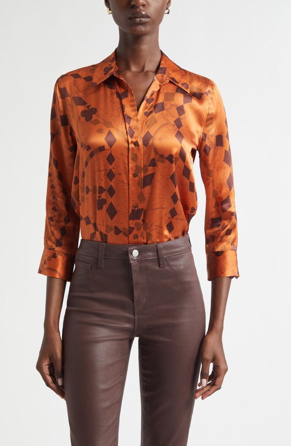 ラジャンス レディース トップス プルオーバー 刷り上げる 絹地 L\u0027AGENCE Dani Playing Card Print Silk Button-Up Shirt Amber Brown Playing Card Geo 琥珀色